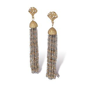 NEW Badgley Mischka Gold Fan Grey Crystal Beaded Long Tassel Statement Earrings
